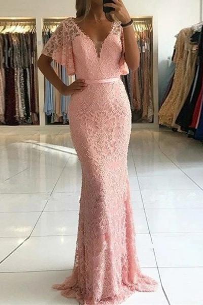 mermaid v neck short sleeve beaded lace long prom dresses mg132