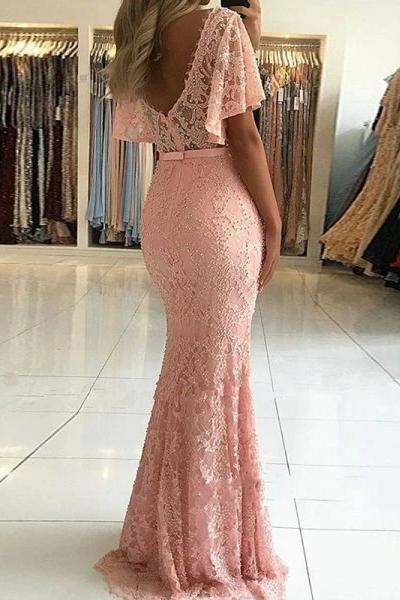 mermaid v neck short sleeve beaded lace long prom dresses mg132