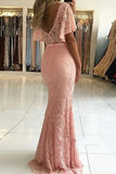 Mermaid V Neck Short Sleeve Beaded Lace Long Prom Dresses MG132