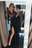 Long sleeve lace black long prom dresses a-line evening gown with split mg123