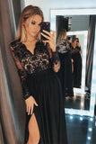 Long Sleeve Lace Black Long Prom Dresses A-line Evening Gown With Split MG123