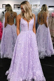 A-line Long Lilac Lace Prom Dresses Backless Formal Gown With Pockets MG136