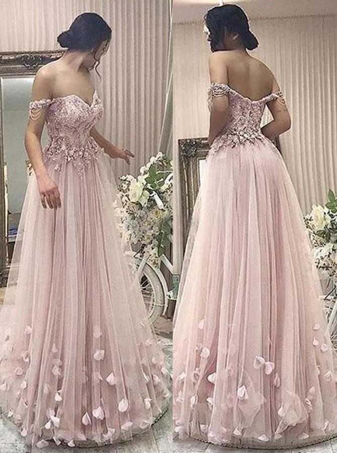 Off-the-shoulder pearl pink tulle prom dress with appliques beading mg251