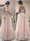 Off-the-shoulder pearl pink tulle prom dress with appliques beading mg251