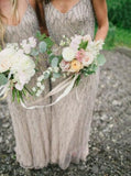 Sheath Spaghetti Straps Tulle Grey Bridesmaid Dress with Sequins GB357