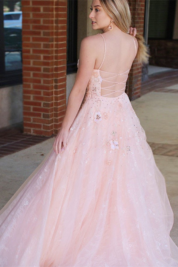 a line v neck appliques blush long prom dress tulle backless pageant gown