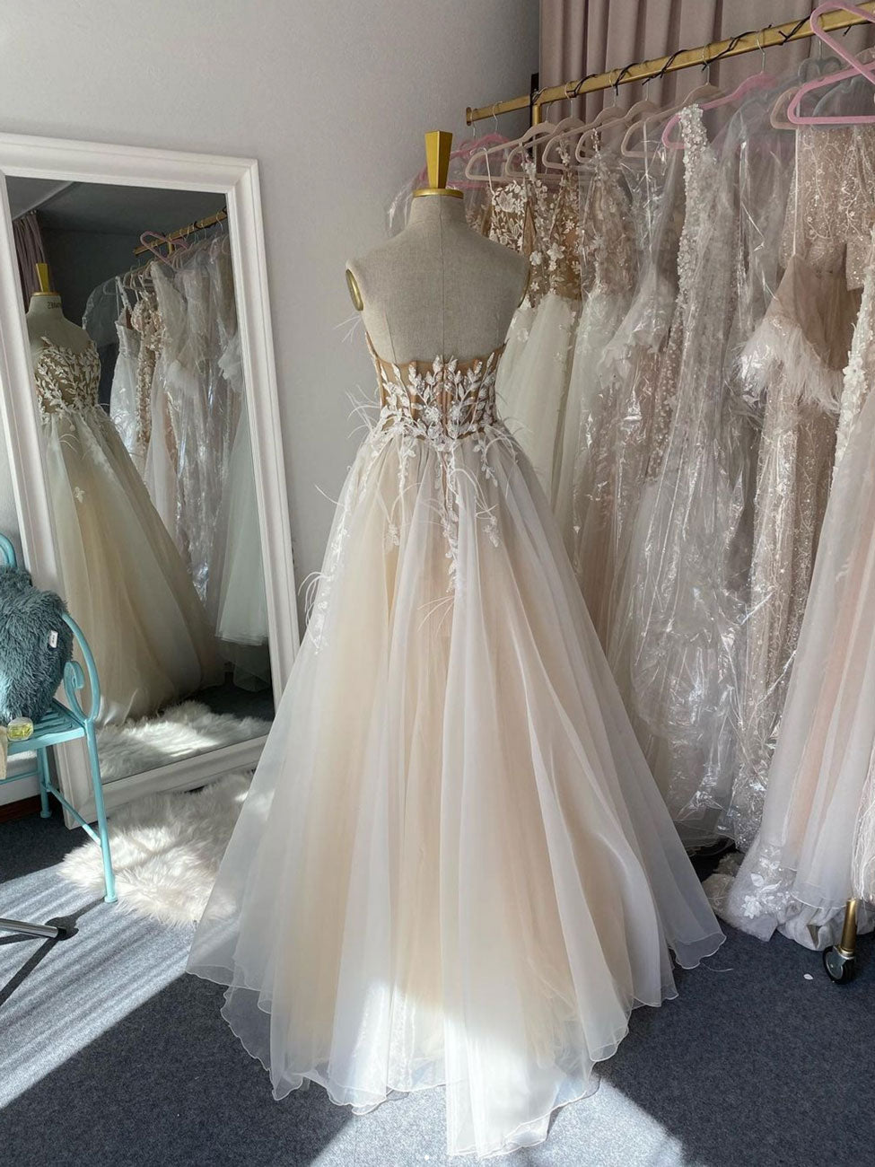champagne a line tulle strapless wedding dresses beach bridal gown
