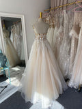 champagne a line tulle strapless wedding dresses beach bridal gown