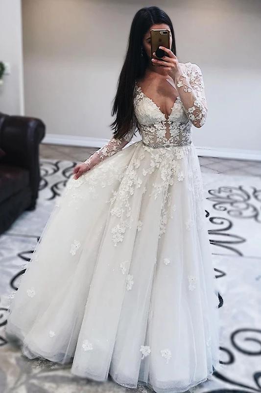 Princess Tulle Long Sleeves Wedding Dresses With Appliques PW83