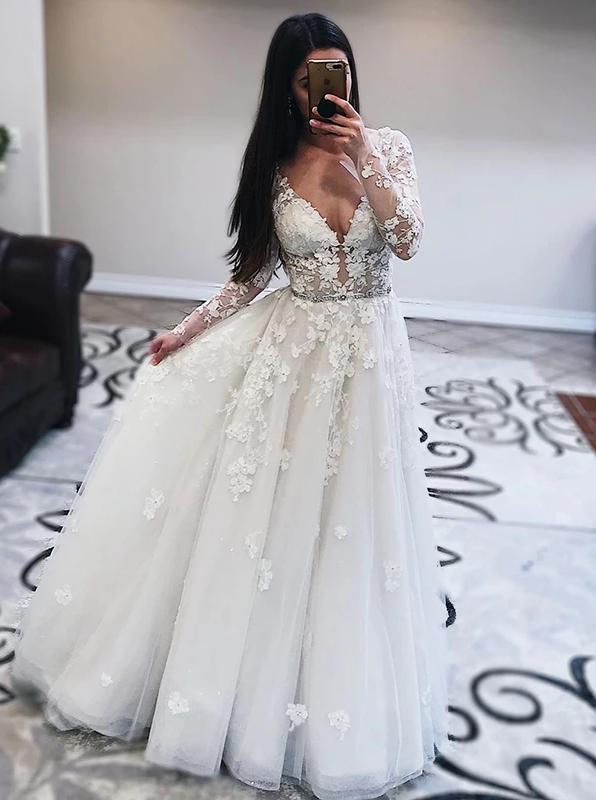 Princess Tulle Long Sleeves Wedding Dresses With Appliques PW83