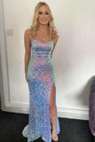 sparkly blue backless mermaid long prom dress sequin evening gown with slit