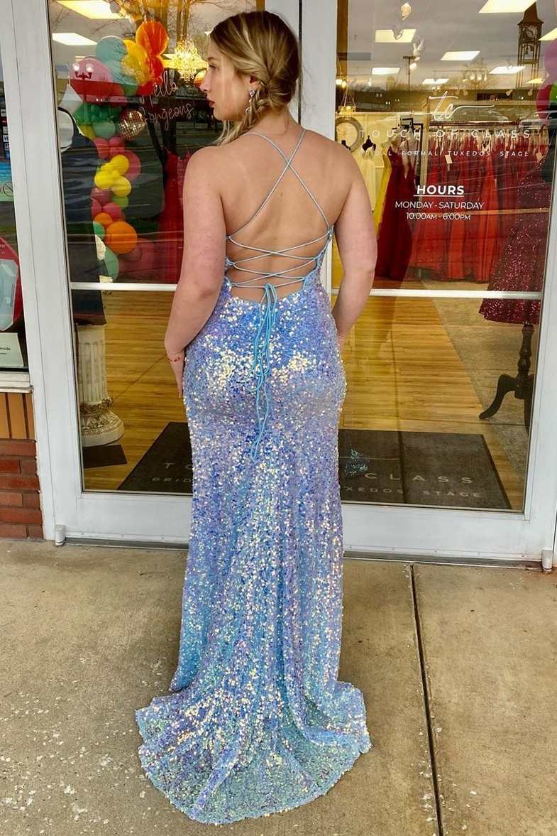 sparkly blue backless mermaid long prom dress sequin evening gown with slit
