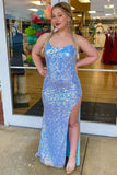 sparkly blue backless mermaid long prom dress sequin evening gown with slit