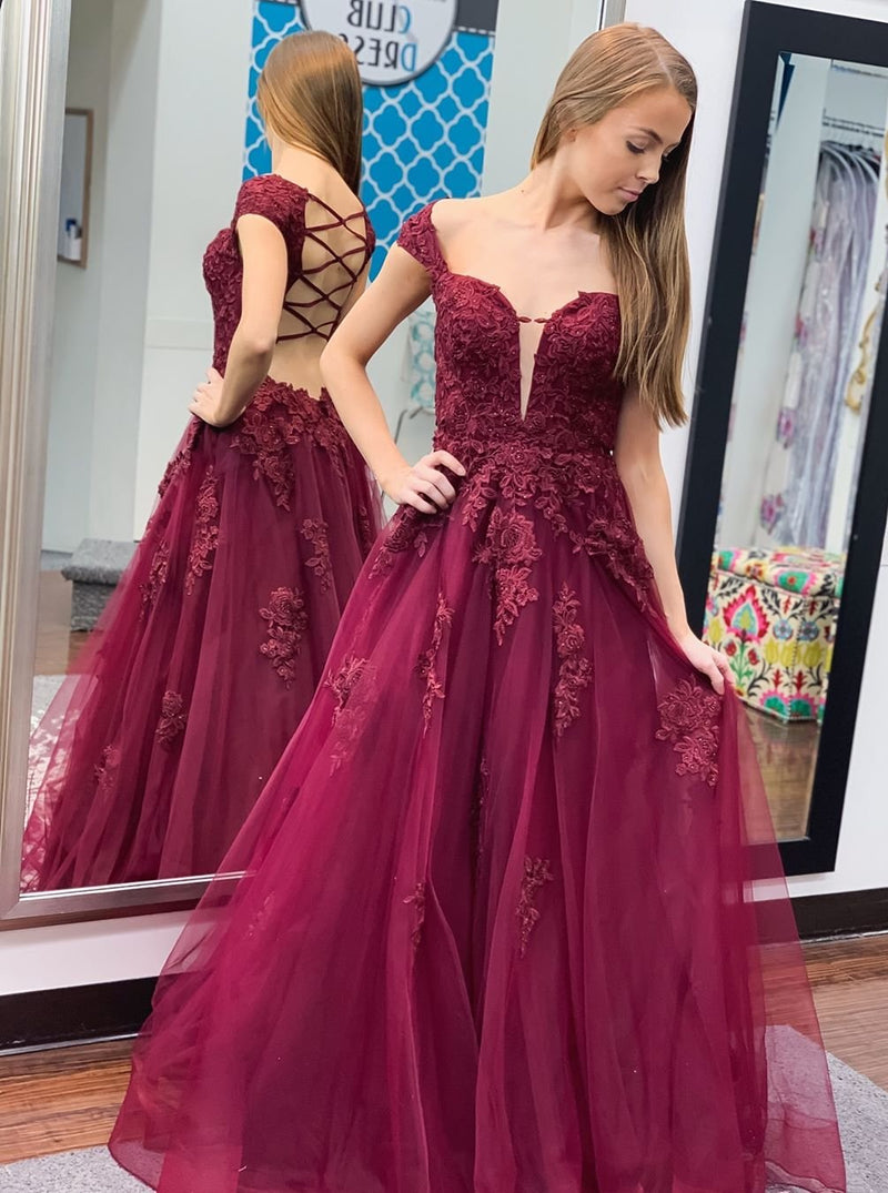 Off shoulder v-neck tulle appliques long backless prom dresses mg298