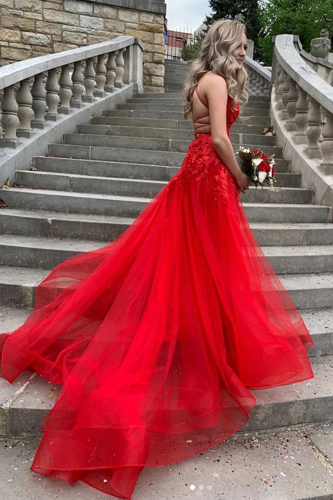 Red v-neck tulle long prom dresses backless long evening dress mg295