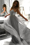 Spaghetti Straps V-neck Tulle Grey Long Prom Dresses With Sequins MP203