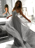 Spaghetti Straps V-neck Tulle Grey Long Prom Dresses With Sequins MP203