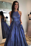 Halter A-Line Sparkle Navy Blue Long Prom Dresses with Pockets MG130