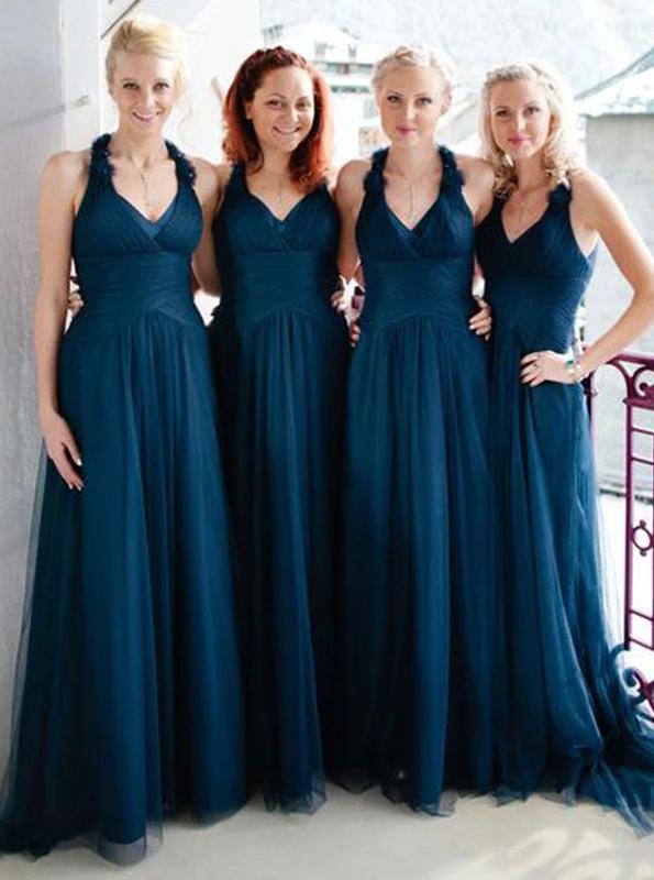 Hand-make flowers halter tulle long teal bridesmaid dresses gb362