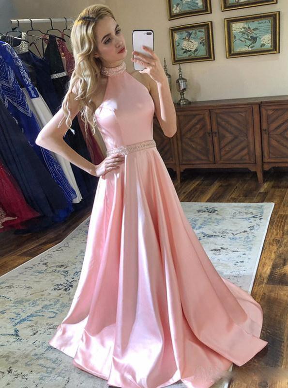 Backless A-line Halter Pink Satin Prom Dresses Formal Party Gown MP10