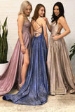A-line sparkle long prom dresses with split backless evening dress mg128