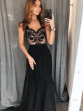 A Line V Neck Black Lace Prom Dresses, Black Evening Dresses MP133