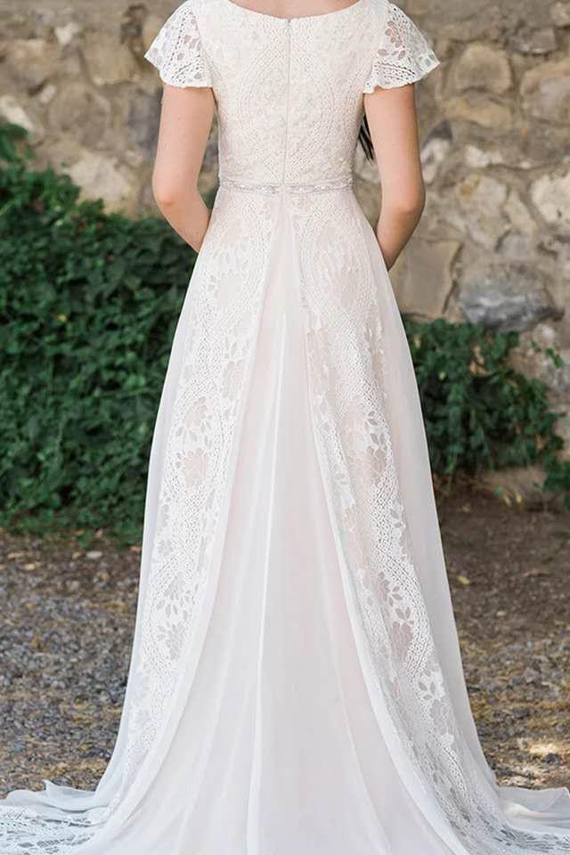 Modest Beach Wedding Dresses, Lace Chiffon Boho Bridal Gown PW09