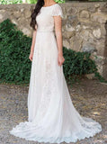 Modest Beach Wedding Dresses, Lace Chiffon Boho Bridal Gown PW09
