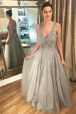 A Line V Neck Long Tulle Prom Dresses Beaded Grey Evening Dresses MG134