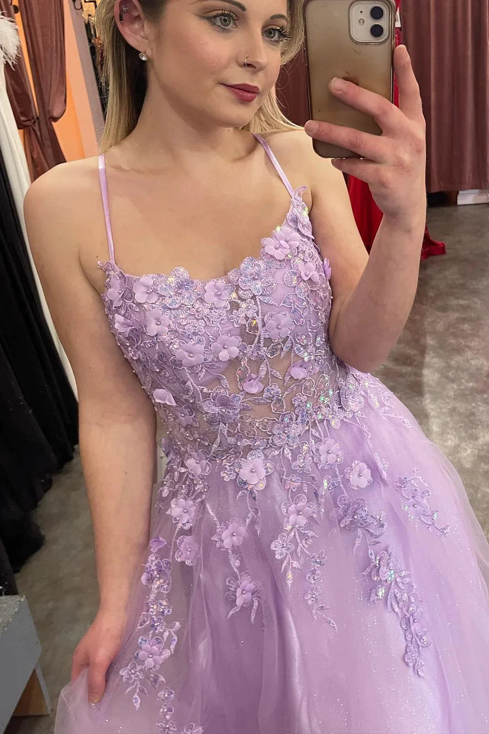 spaghetti straps tulle lilac floral prom dress long evening dress