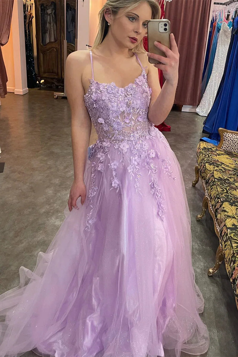 spaghetti straps tulle lilac floral prom dress long evening dress