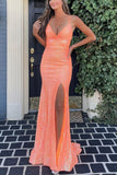v neck straps sequined mermaid prom dresses long slit evening dresses