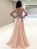 luxurious a line v neck beads open back tulle slit prom dresses