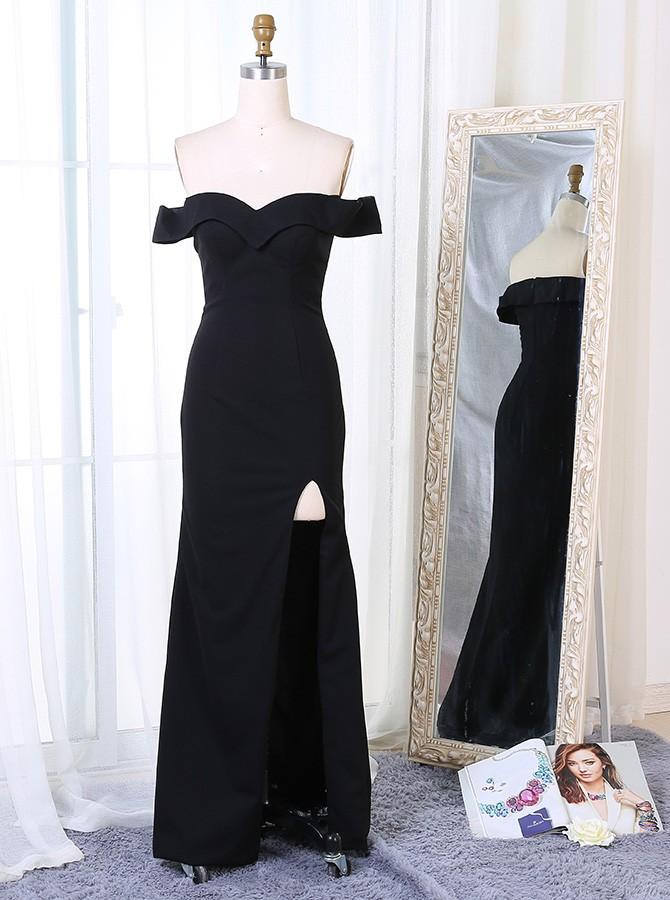 off shoulder sheath split black long prom dress black evening gown