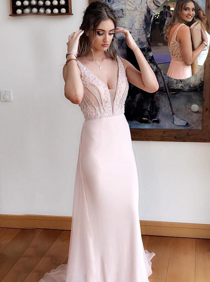 deep v neck chiffon sheath pearl pink prom dress with beading