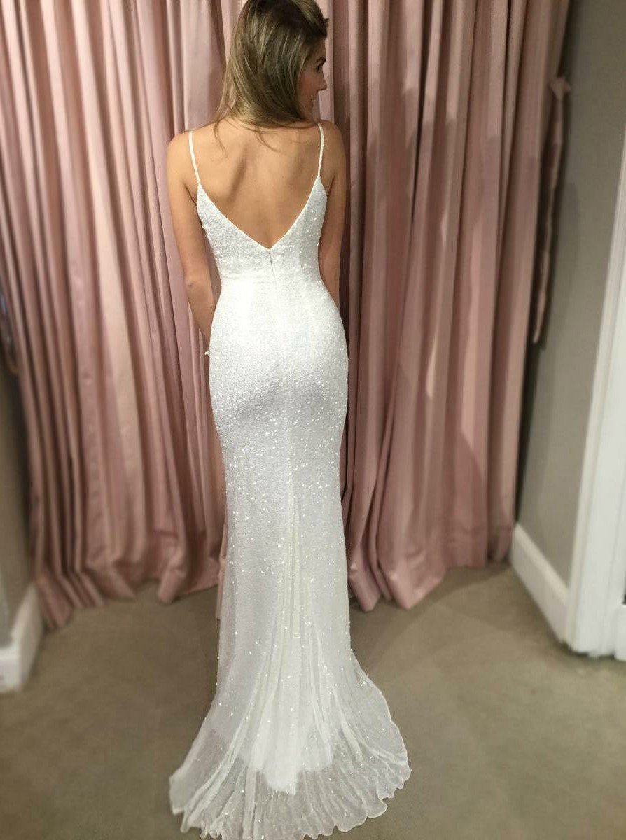 stunning spahgetti straps sheath column sequined prom dress
