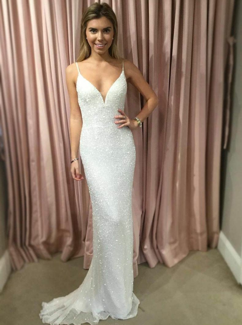 stunning spahgetti straps sheath column sequined prom dress