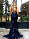 Spaghetti Straps Mermaid Tulle Sequined Backless Prom Dress MP1001