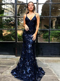 spaghetti straps mermaid tulle sequined backless prom dress