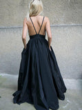 simple a line spaghetti straps satin backless black prom dress with pockets