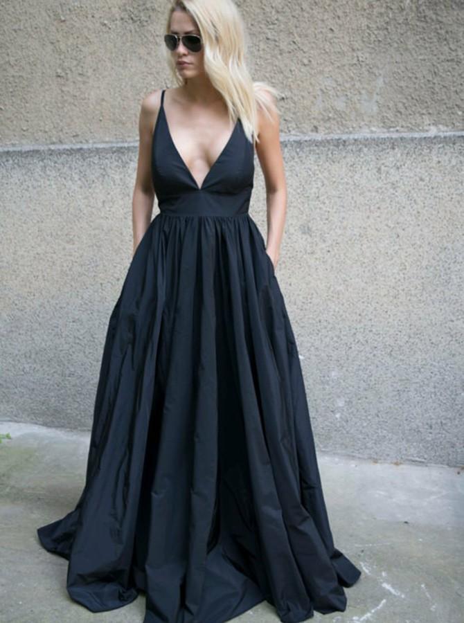simple a line spaghetti straps satin backless black prom dress with pockets