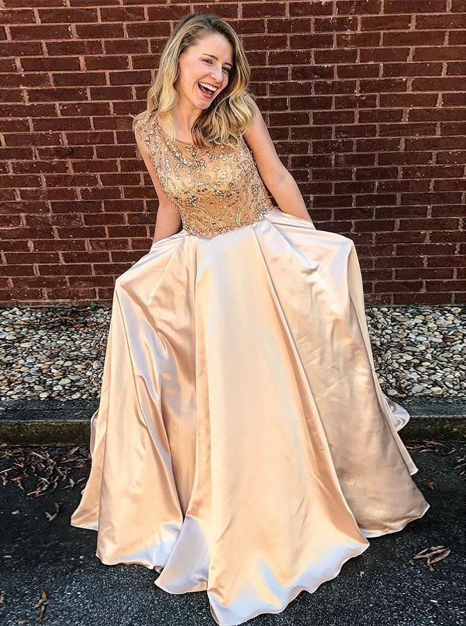 glamorous scoop floor length beading satin prom dress with pockets