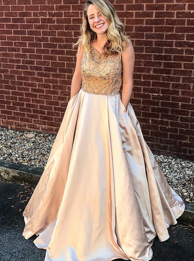 glamorous scoop floor length beading satin prom dress with pockets