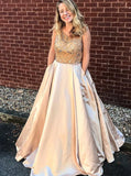 glamorous scoop floor length beading satin prom dress with pockets