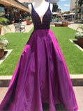 modern a line v neck satin beading long prom dress with pockets