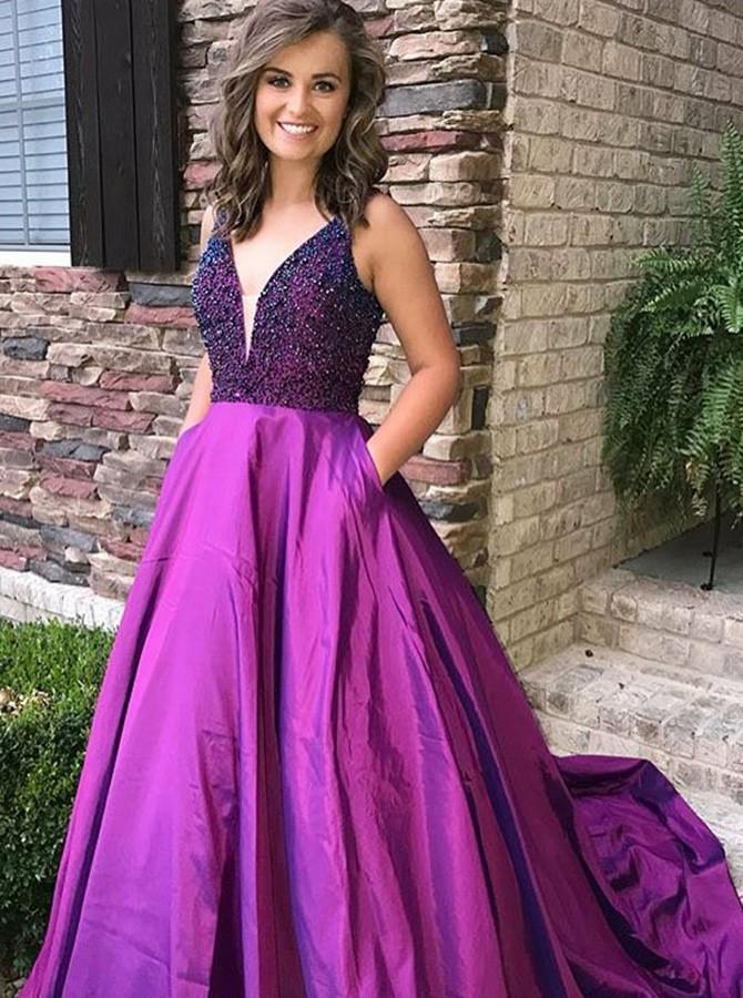 modern a line v neck satin beading long prom dress with pockets
