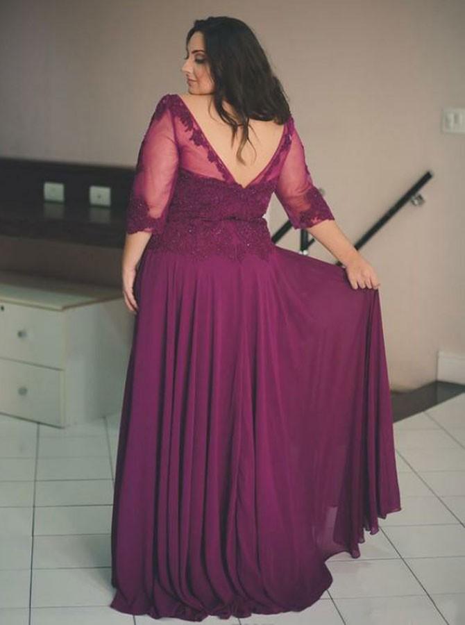 a line 3 4 sleeves plus size bateau chiffon prom dress with appliques