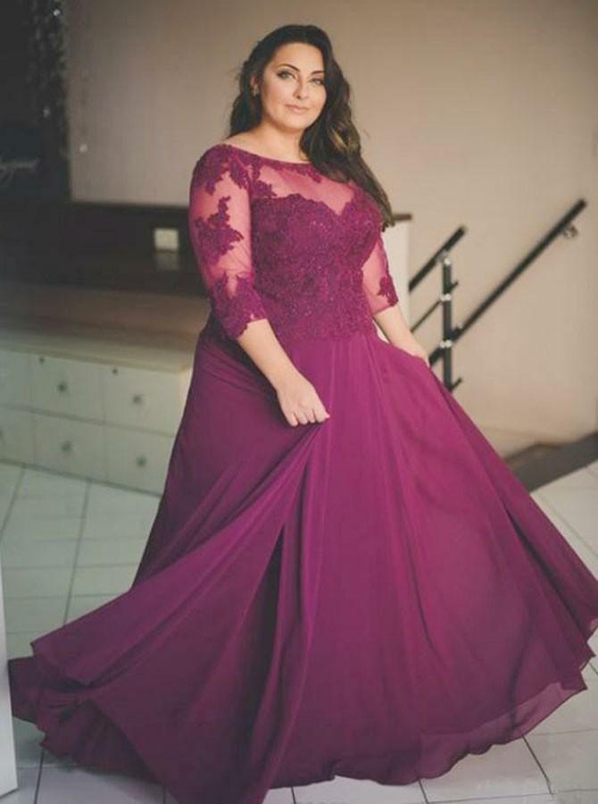 a line 3 4 sleeves plus size bateau chiffon prom dress with appliques