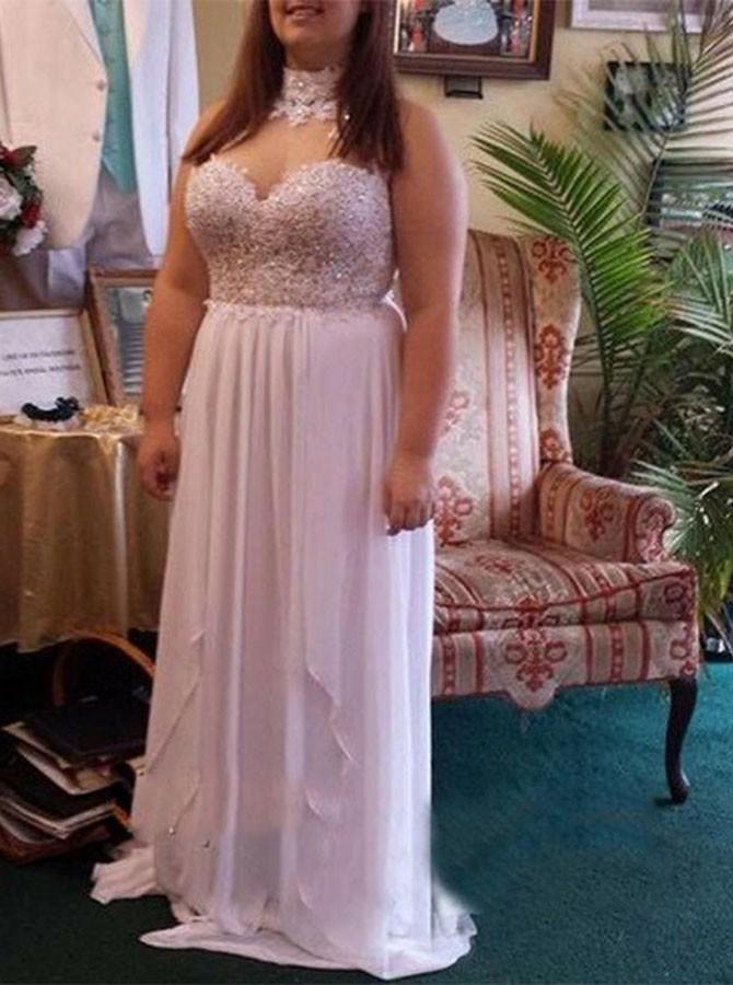 a line halter lace beading chiffon plus size long prom dress