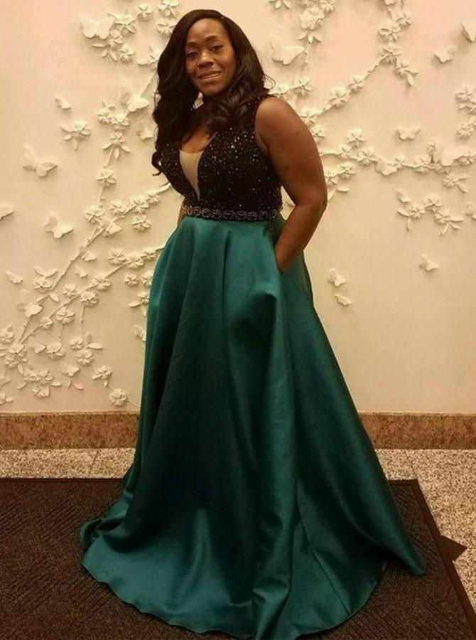 elegant a line v neck beading satin long plus size prom dress with pockets